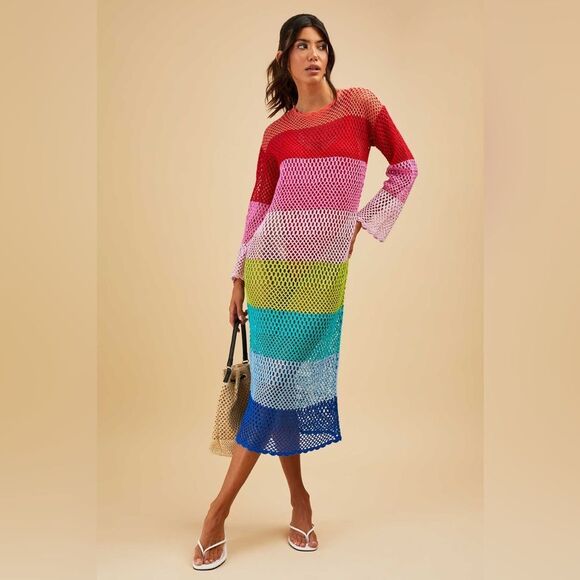 Show Me Your Mumu Women's Paula Dress in Multi Color Stripes Crochet Size XS - Picture 2 of 7